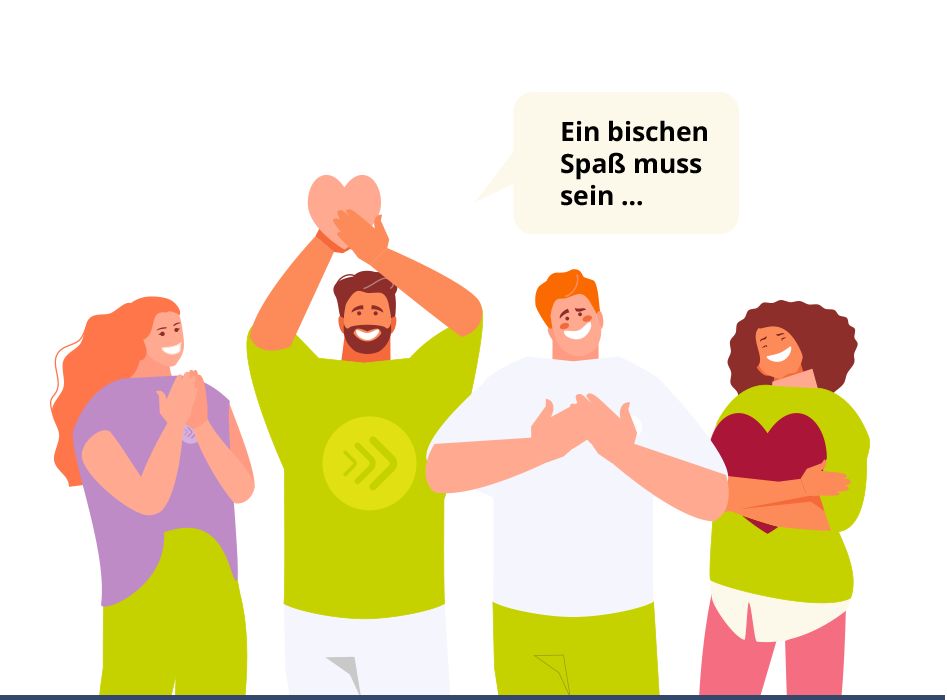 Illustration von 4 PROEXPERT Mitarbeiter mit Sprechblase, in der steht "Ein bisschen Spaß muss sein".